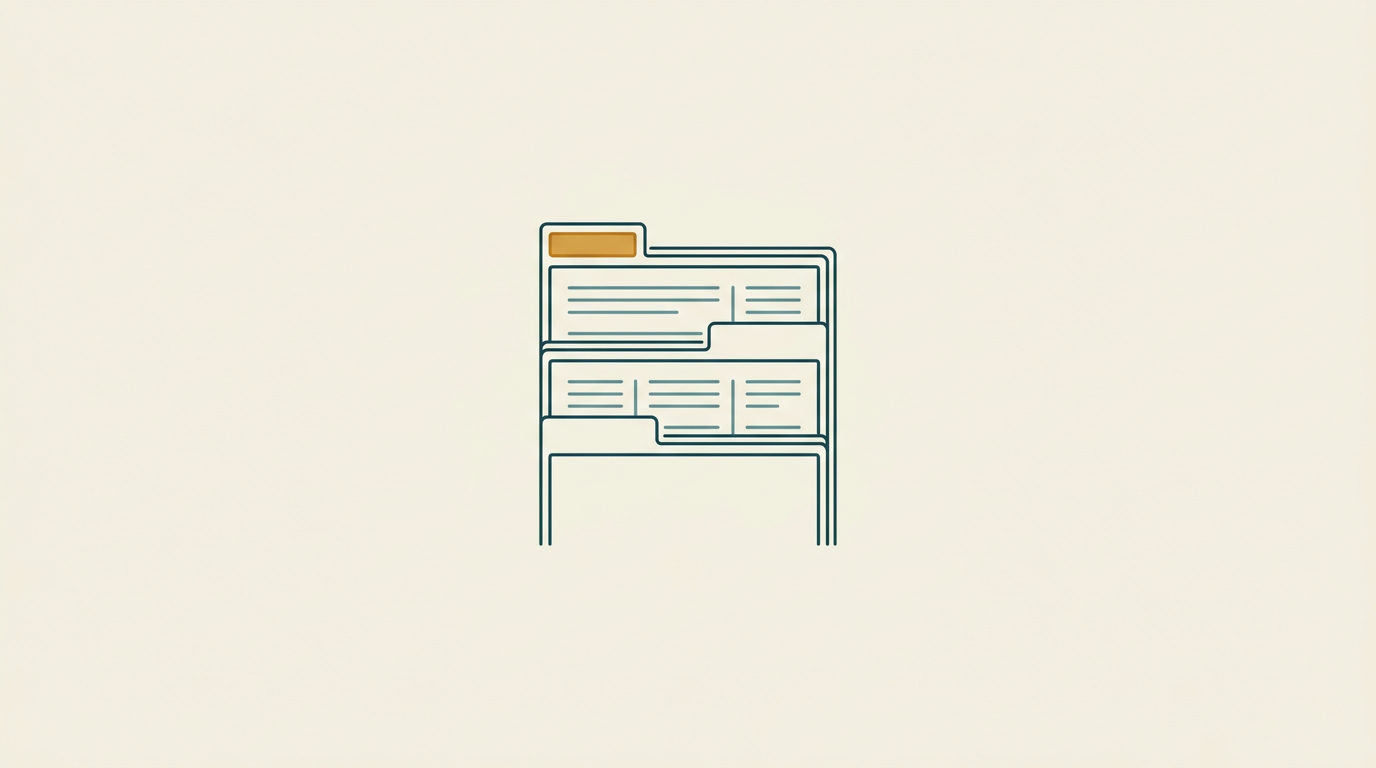 Minimalistisk vektorillustration av en registeravdelare i petrolblått med tre sektioner och en ockragul flik på benvit bakgrund.